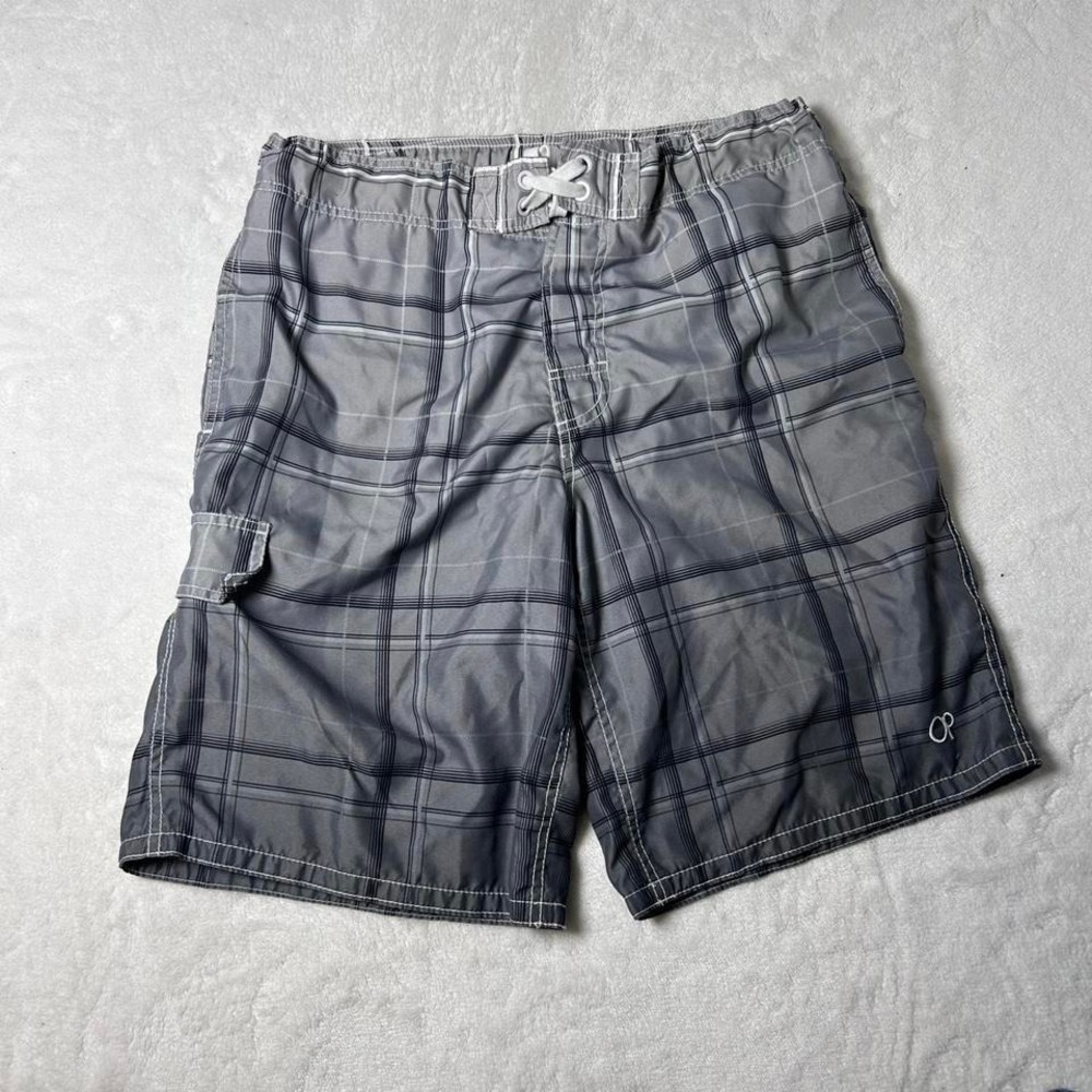 OP Ocean Pacific Board Shorts Bermuda Mens Medium 32 34 Gray Plaid Casual Trunks
